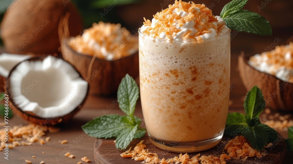 A tight shot of a drink in a glass on a table, surrounded by coconuts and various food items A tight shot of a drink in a glass on a table, surrounded by coconuts and various food items