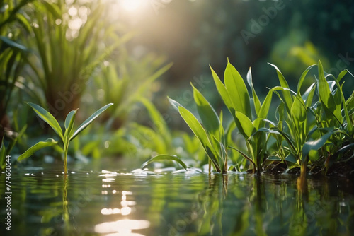 Blurred image of natural background from water and plants