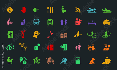 Set of icon airport public navigation. Transport escalator luggage and more. Flat color symbols. © ilyakalinin