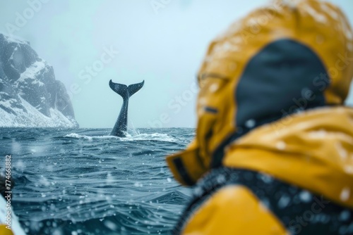 Individual enjoying a boat ride on the wintry ocean, their eyes filled with wonder and delight as they glimpse the blurred outline of a whale's tail in the distance, conveying a sens