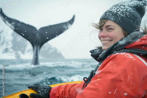 A happy person enjoying a boat ride on the wintry ocean, their eyes filled with wonder and delight as they glimpse the blurred outline of a whale's tail in the distance, conveying a sens