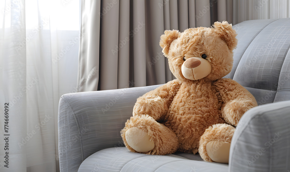 Teddy bear on a soft gray sofa, Generative AI