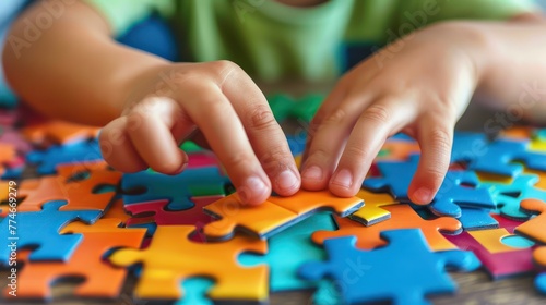 Autism and autism Boy s hands connecting a jigsaw puzzle. Autism and other developmental  communication and social behavior disorders.