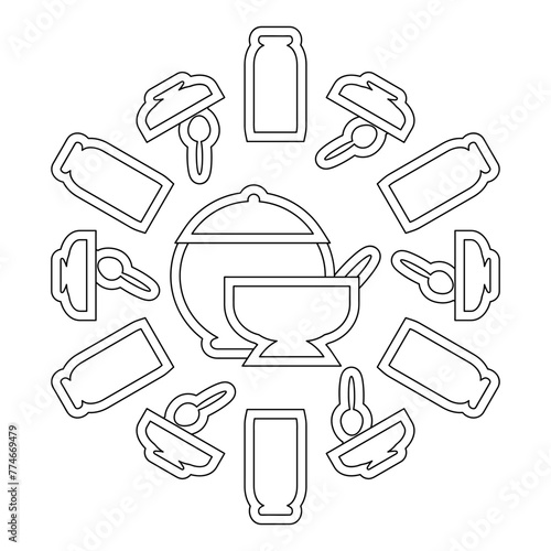 A children's coloring book with dishes. A glass, a sugar bowl, creamers and spoons. Simple vector illustration