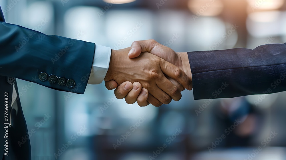 Two Professionals in Suits Shaking Hands, Finalizing a Deal. Close-up of Firm Handshake Representing Trusted Partnership, Agreement Completion. Office Attire, Business Success Concept. AI