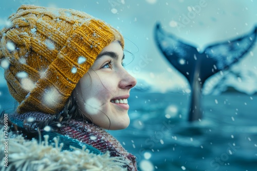 The happy individual gazing out at the wintry sea, their eyes sparkling with joy, while the blurred outline of a whale's tail adds a sense of awe and wonder to the scene, embodying the thri photo