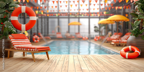 A pool with a red life preserver and a yellow umbrella. The pool is surrounded by chairs and umbrellas