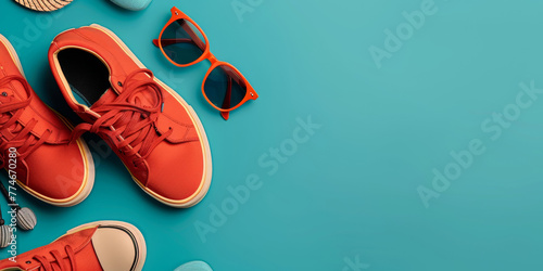 A pair of red shoes and sunglasses are on a blue background. The shoes are placed on top of each other, and the sunglasses are positioned in the middle. Scene is casual and relaxed, as the shoes photo