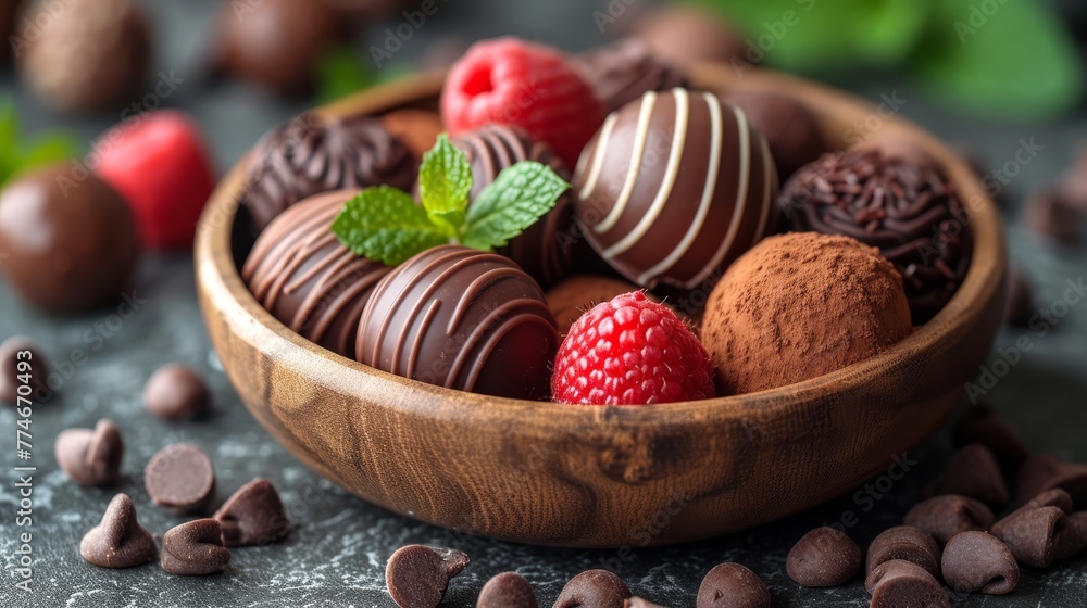   A wooden bowl filled with chocolate-dipped strawberries and raspberries Next to it, chocolate chips and mint leaves