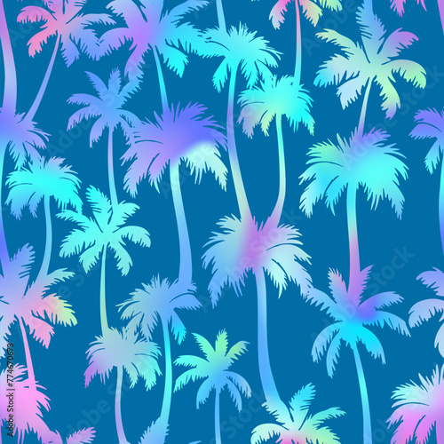 Palm trees seamless pattern. Vector neon tropical jungle texture on blue background. Abstract holographic gradient palm silhouettes summer print for textile, exotic wallpapers, wrapping, fabric.