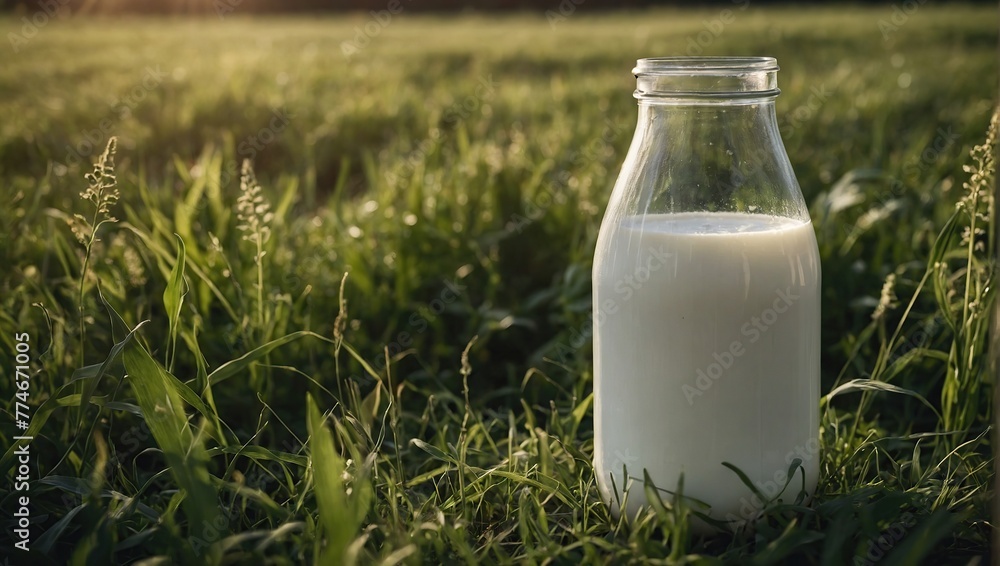 A bottle of fresh milk on a sunny summer farm meadow, grass, nature and plants. Mockup, eco food, dairy products concept A bottle of fresh milk on a sunny summer farm meadow, grass, nature and plants. Mockup, eco food, dairy products concept