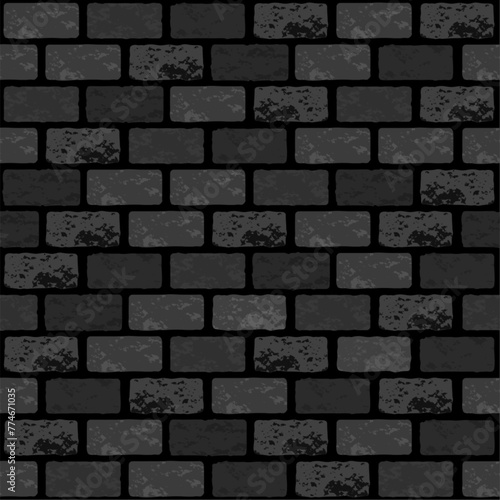 Vector black brick wall seamless pattern. Flat dark wall texture background. Black running brick bond, textured brickwork for print, paper, design, decor, photo background, wallpaper