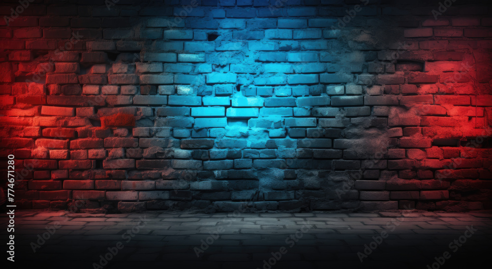 Red, purple and blue neon brick wall background design mockup with lighting effect. For square frame border, billboard, menu, text signs, template and layout on the wall background.