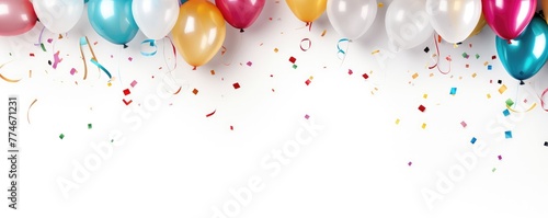 Festive balloons with ribbons and scattered confetti over white  representing celebration or party