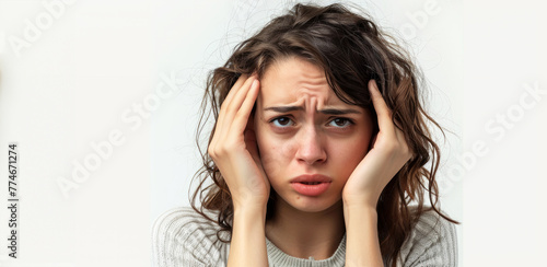 A woman with her hands on her head, looking worried. Concept of stress and concern. a woman holding his head and fretting worries, 35 years old in a white background