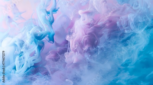 Aqua smoke swirling in a symphony of colors against a backdrop of soft lavender and powder blue.