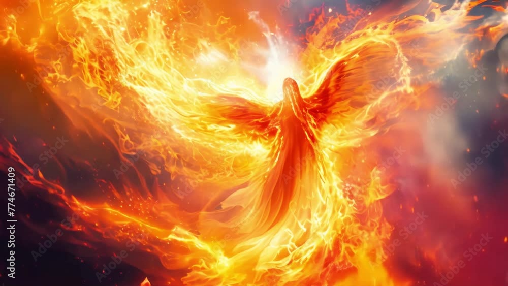 A woman in the form of a phoenix bird, a dynamic rebirth from a fiery ...