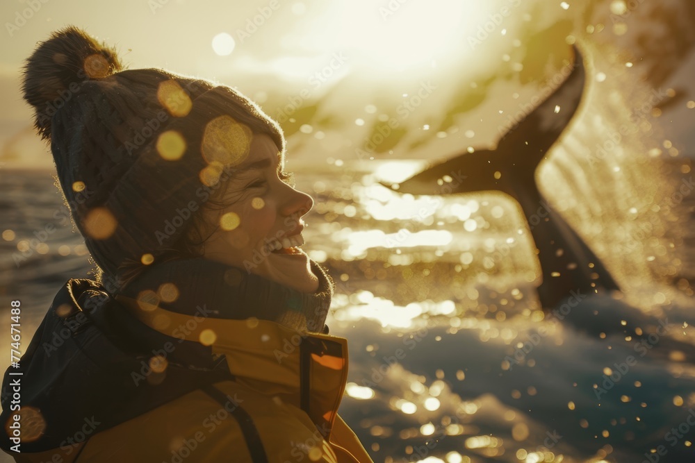 Fototapeta premium Portrait of a joyous person on board a ship, their face beaming with happiness, while the blurred silhouette of a whale's tail emerges gracefully from the frigid sea behind them, capturing a
