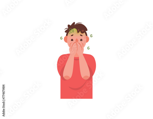 a man covers his mouth because he wants to vomit. keep from vomiting. dizziness, nausea and wanting to vomit. sick, not feeling well. diseases and health problems. character illustration design