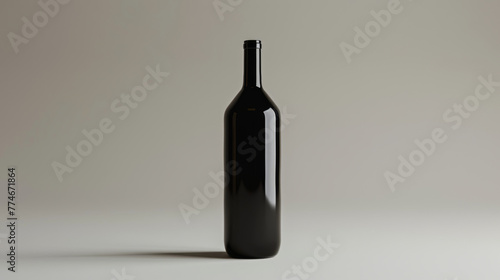 A solitary dark wine bottle stands against a light gray background.