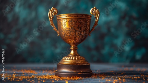  A gold trophy atop a gilded table, adorned with golden flakes and confetti sprinkles