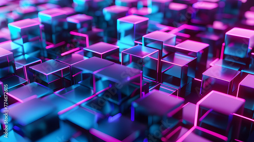 3D rendering of an abstract background with glowing blue and purple cubes. The pattern is formed by overlapping blocks