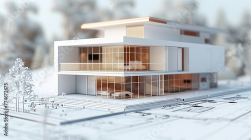 Contemporary Home Model on Architectural Blueprints
. A sophisticated 3D architectural model of a contemporary home is displayed over detailed blueprint plans.
