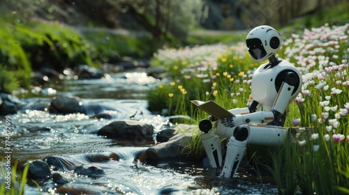 A robot is serenely seated by a stream, operating a laptop among the fresh spring blooms, depicting a peaceful coalescence of technology and nature.