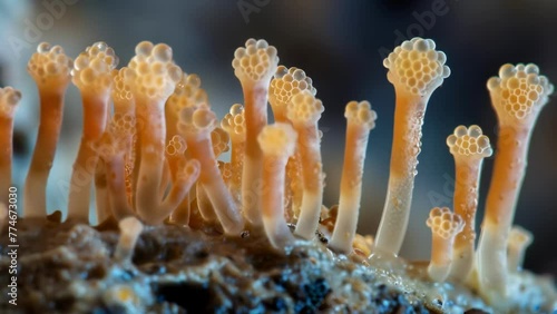 Captivating closeup of sporebearing basidia showing the intricatelyshaped structures protruding from their long thin stalks. . AI generation. photo