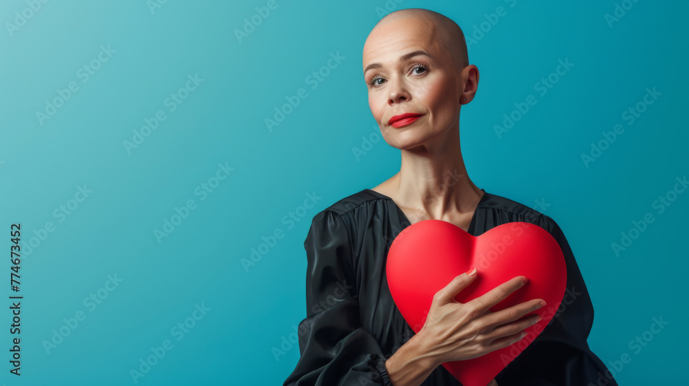A woman holds a red heart symbolizing love and support. A woman holds a red heart symbolizing love and support.