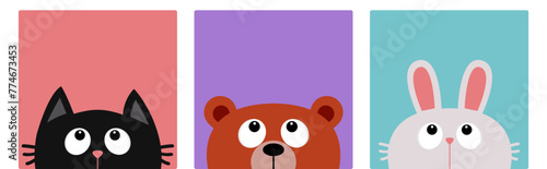 White bunny rabbit, black cat kitten, brown bear head face looking up. Forest animal square icon set. Cute cartoon kawaii baby character. Childish style. Flat design. Colorful background. Vector