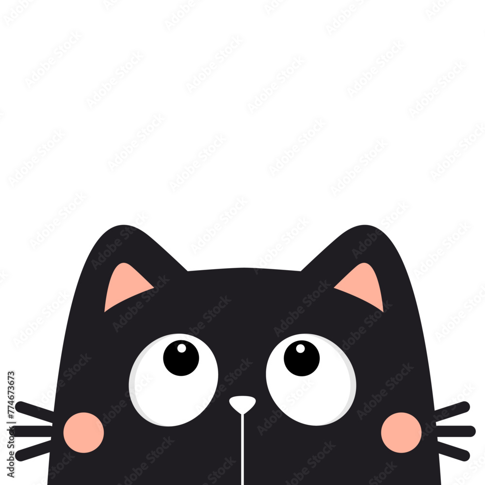 Cat head face looking up. Big eyes. Cute cartoon character. Black kawaii kitten pet animal silhouette. Pink ears. Baby card. Childish style. Flat design. Sticker print. White background. Vector Cat head face looking up. Big eyes. Cute cartoon character. Black kawaii kitten pet animal silhouette. Pink ears. Baby card. Childish style. Flat design. Sticker print. White background. Vector
