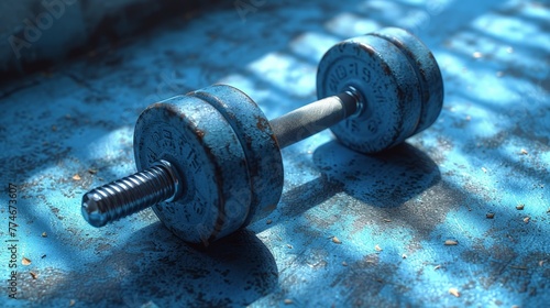  A tight shot of two dumbbells against a blue backdrop A building shadow casts in the background