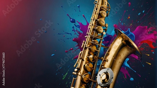 Abstract colorful background with saxophone, splashes and slogan