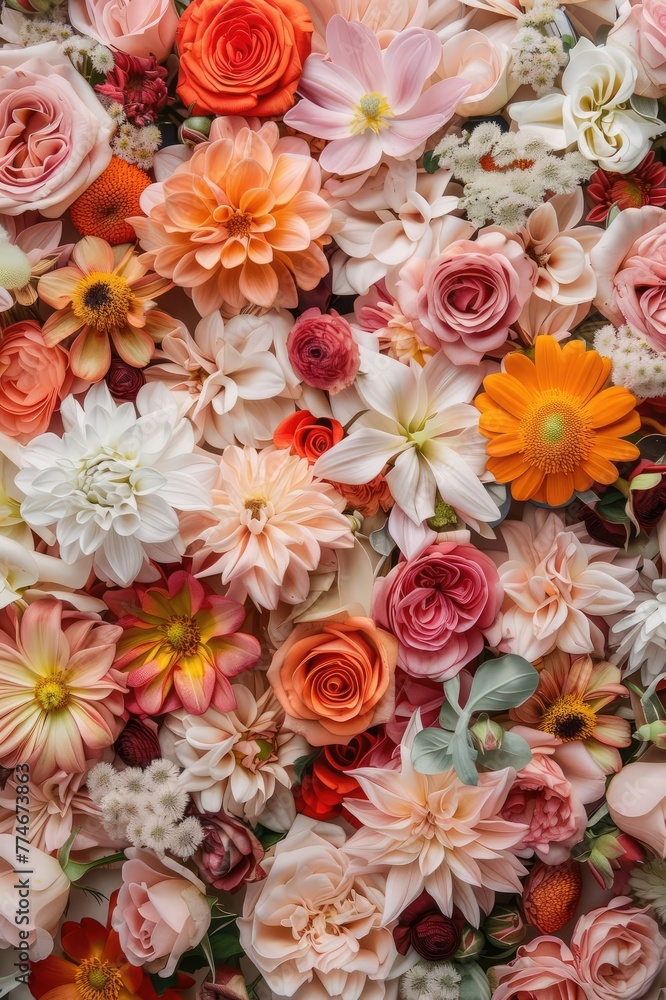 a wall of flowers, spring vibes, beige background a wall of flowers, spring vibes, beige background