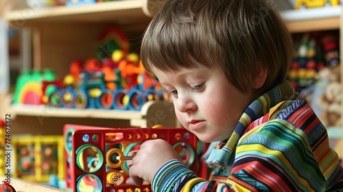 A three-year-old boy with Down syndrome is happily playing with a toy train in a profile shot