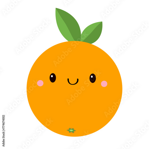 Orange fruit icon. Green leaf. Cute cartoon kawaii smiling baby character. Funny food face head. Childish style. Educational card for kids. Flat design. White background. Isolated. Vector illustration