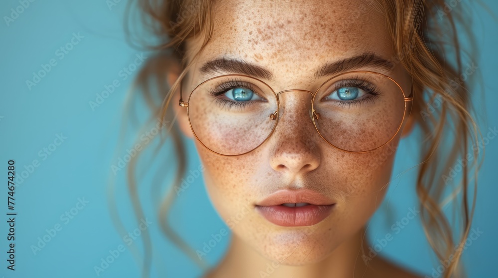A woman with freckles on her face, visible through her glasses, also has freckles around her eyes A woman with freckles on her face, visible through her glasses, also has freckles around her eyes