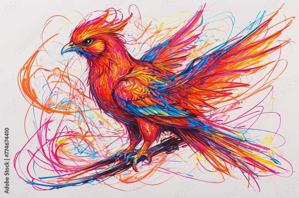 Fototapeta premium Firebird in chaotic wax crayon drawing style