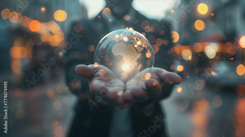 Global Vision and Strategy Concept in Hand . Outstretched hands cradling a transparent globe with a detailed map, conveying the idea of global vision and strategic planning. 