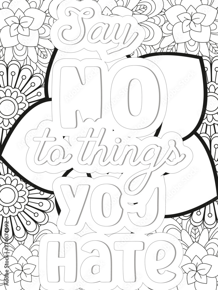 Keychain Quotes Flower Coloring Page Beautiful black and white illustration for adult coloring book