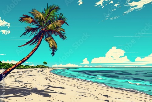 A pop art rendition of a classic beach scene  pristine white sand  crystal-clear turquoise water  and a single palm tree