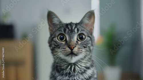 A cat with striking eyes and long whiskers gazes forward.