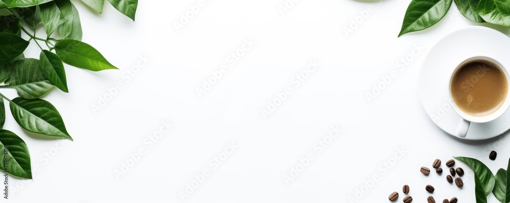 Minimalistic coffee cup with green leaves Minimalistic coffee cup with green leaves