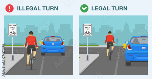Safe driving tips and traffic regulation rules. Legal and illegal left turn on crossroad. Yield to bicycle before turn. Back view of a cyclist and suv. Flat vector illustration template.