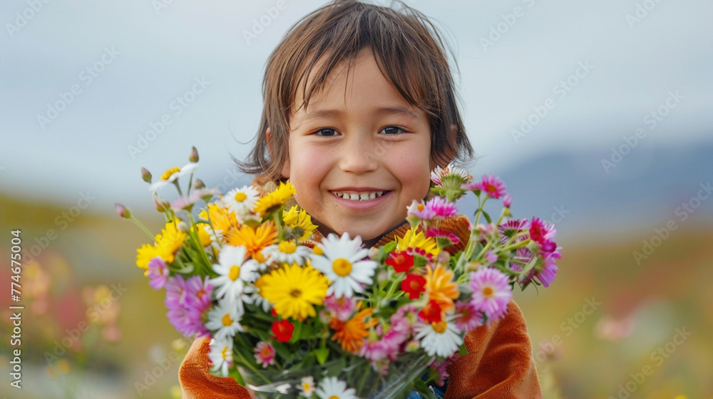 Happy, smiling kid with bunch of colorful flowers for mothers day or birthday celebration. Horizontal banner or background Happy, smiling kid with bunch of colorful flowers for mothers day or birthday celebration. Horizontal banner or background