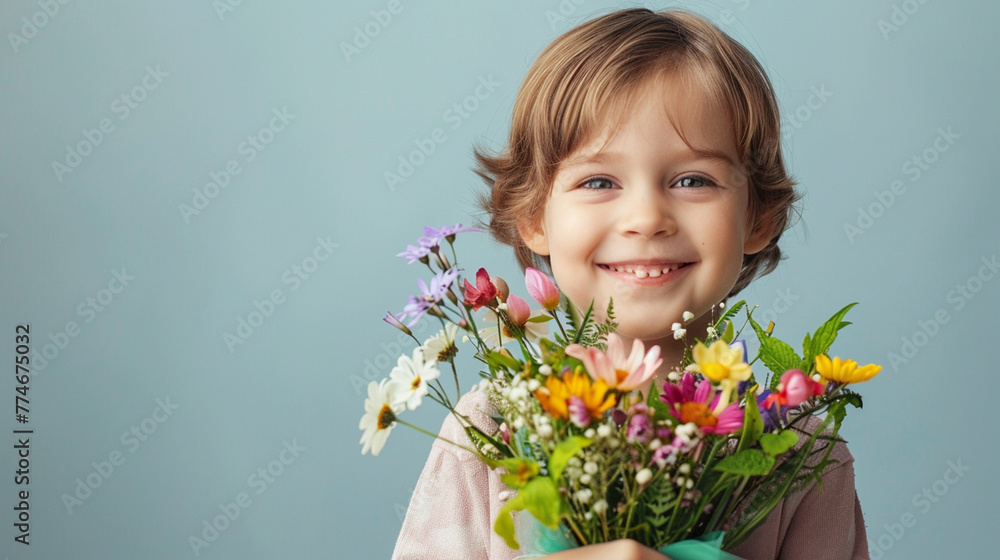 Happy, smiling kid with bunch of colorful flowers for mothers day or birthday celebration. Horizontal banner or background Happy, smiling kid with bunch of colorful flowers for mothers day or birthday celebration. Horizontal banner or background
