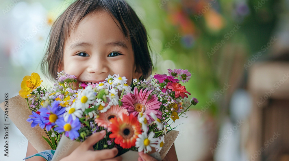 Happy, smiling kid with bunch of colorful flowers for mothers day or birthday celebration. Horizontal banner or background Happy, smiling kid with bunch of colorful flowers for mothers day or birthday celebration. Horizontal banner or background