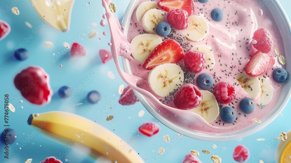 Fresh fruit smoothie bowl scene with elements floating in the air, against a sky blue colored background. Fresh fruit smoothie bowl scene with elements floating in the air, against a sky blue colored background.