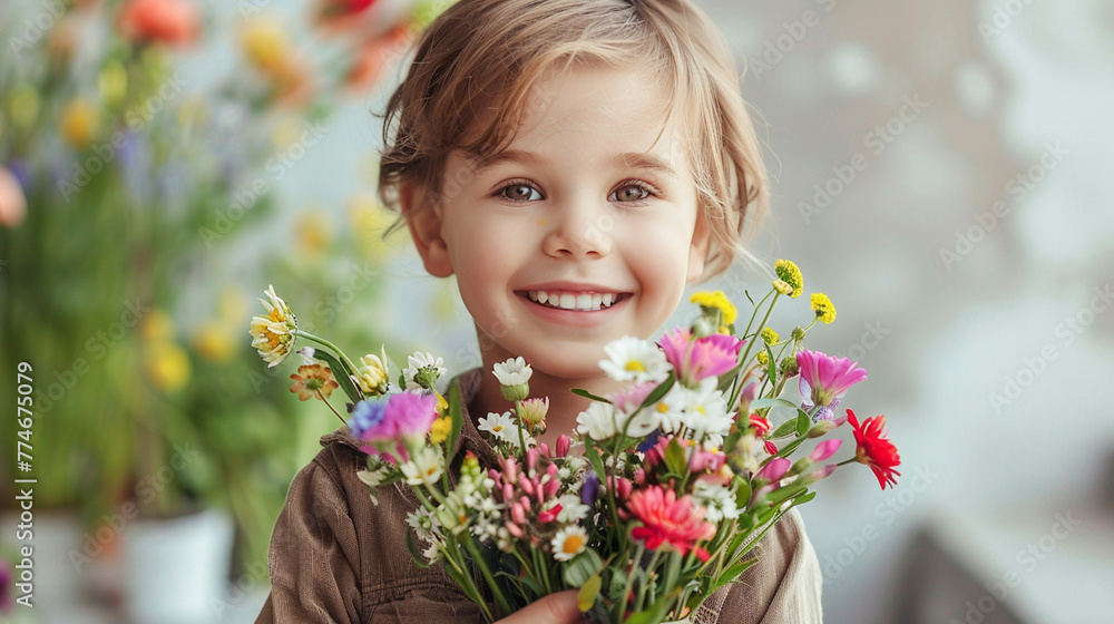 Happy, smiling kid with bunch of colorful flowers for mothers day or birthday celebration. Horizontal banner or background Happy, smiling kid with bunch of colorful flowers for mothers day or birthday celebration. Horizontal banner or background